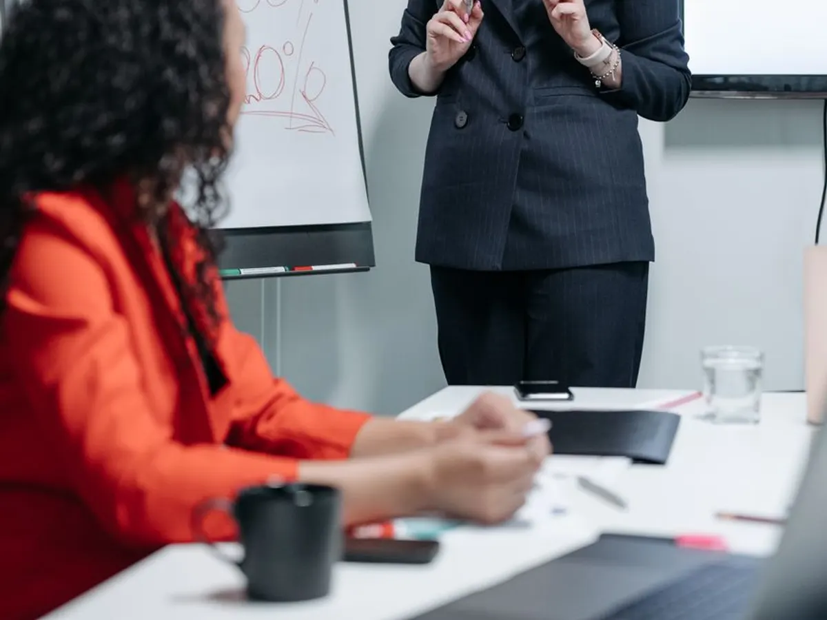 Professionnelle présentant une stratégie de programme sur un paperboard en réunion