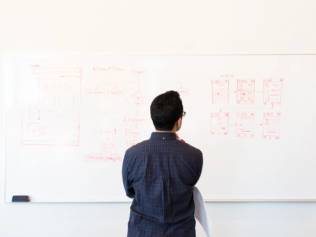 Formateur debout devant un tableau blanc en train de planifier une formation