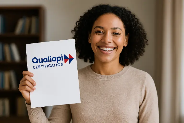 Femme brandissant un certificat QUALIOPI